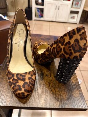 Jessica Simpson Leopard-Print Studded Block Heel Pumps - Brown & Black